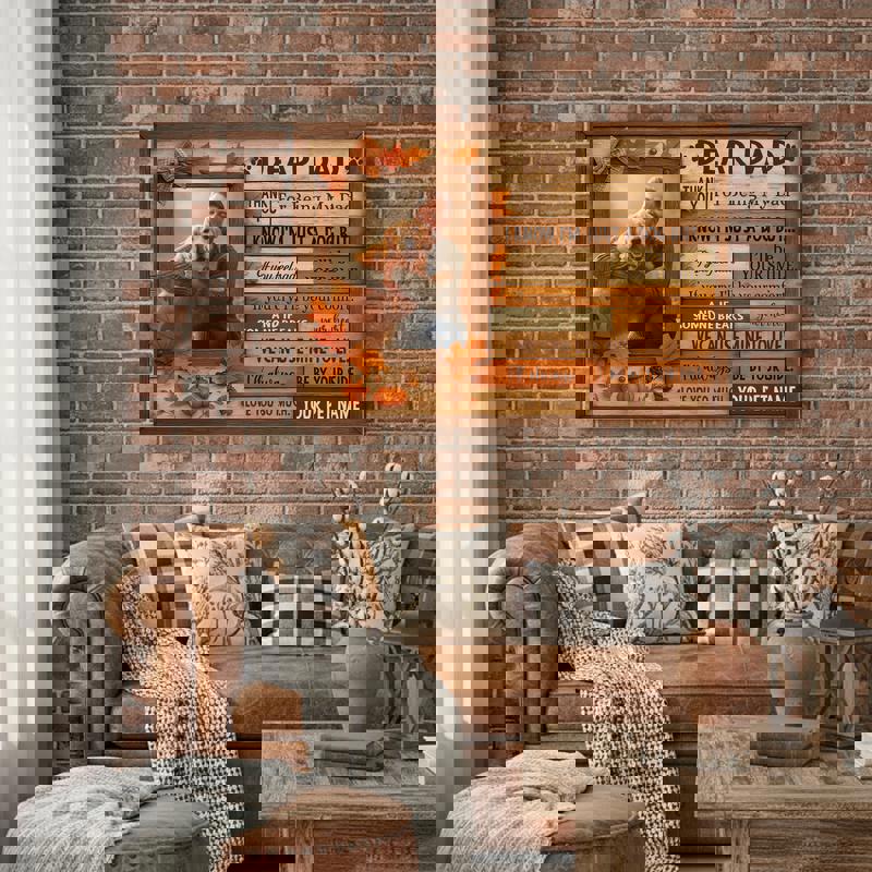 Custom dog portrait canvas with barnwood backdrop and plaid accents, warm rust tones, personalized for a dog dad