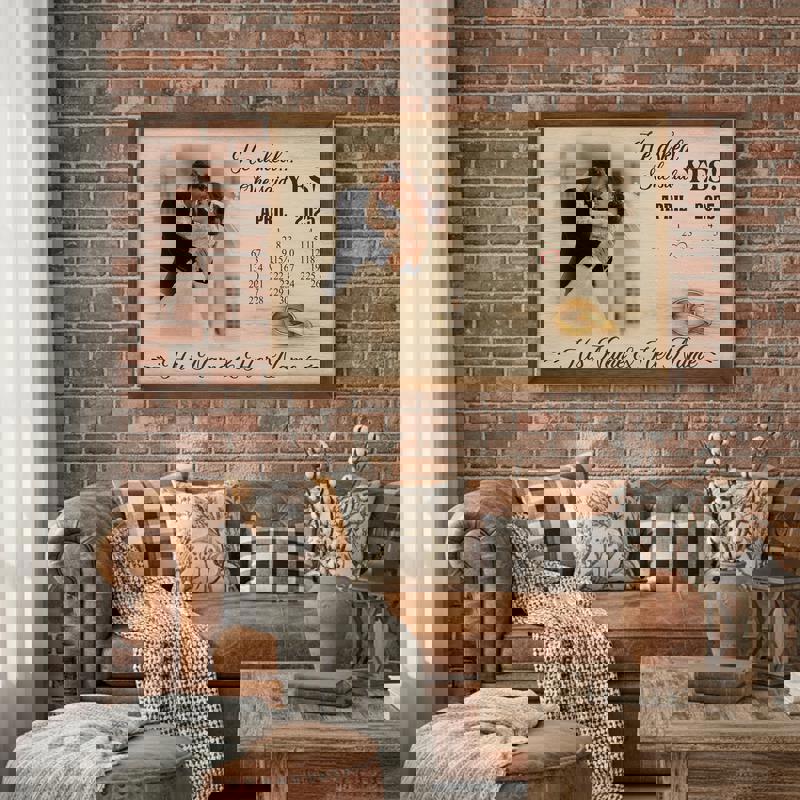 Engagement proposal canvas print featuring 'He Asked, She Said Yes' calendar, burlap-look background, custom names and engagement date