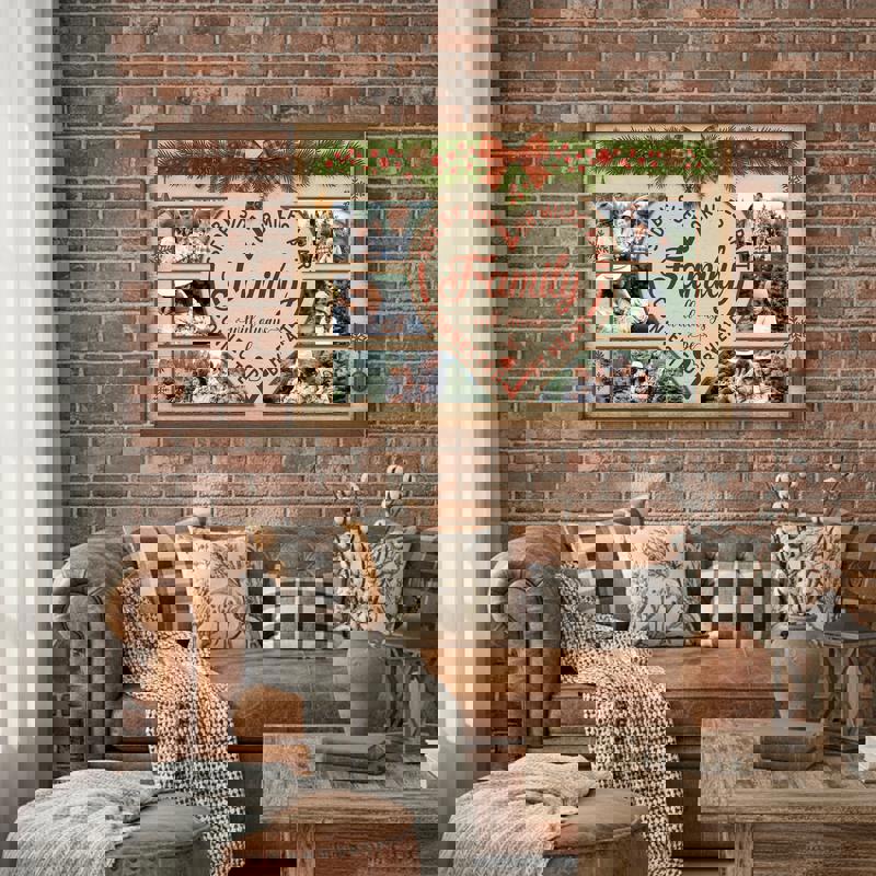 Rustic farmhouse Christmas canvas, horizontal layout, custom family name with locations joined by lines and hearts