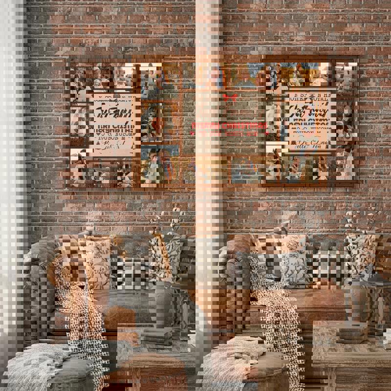 Stepped Up Mom photo collage canvas, gallery-wrapped, neutral coastal tones, personalized names, living room wall decor