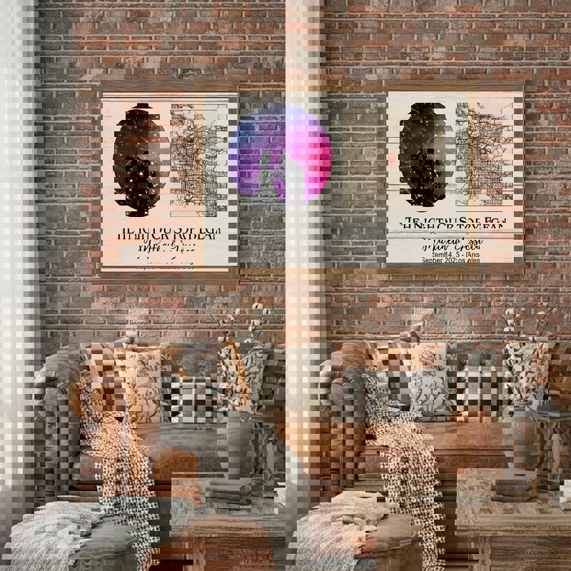 Personalized constellation star map canvas with The Night Our Story Began title, custom names and date, navy circle, portrait