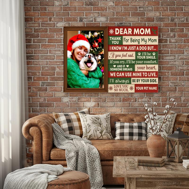 Dog mom Christmas canvas, personalized pet photo wall art on clean white background with gold stars and name; portrait layout