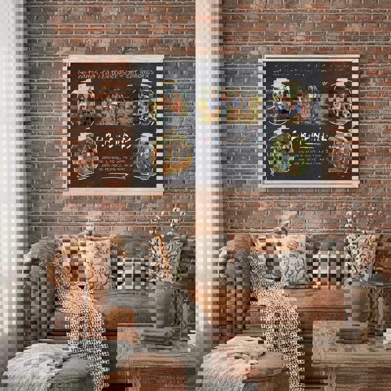 Rustic chalkboard friends Polaroid collage canvas, custom names and date, twine and clothespin motif, cozy farmhouse wall art