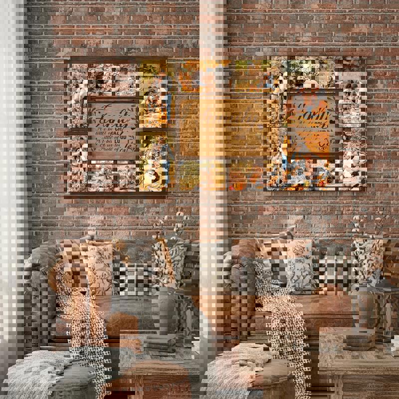 Rustic farmhouse photo collage canvas with meaningful family quote, horizontal layout, neutral burlap look, fall home accents.