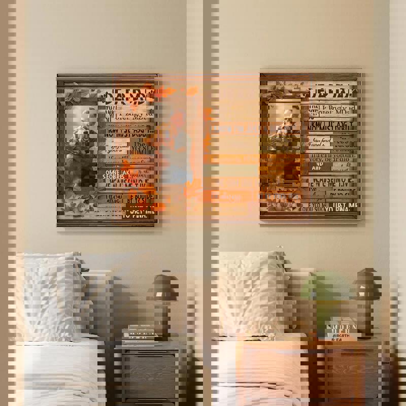 Custom dog portrait canvas, watercolor fall foliage background, vertical orientation, Thanksgiving gift for him