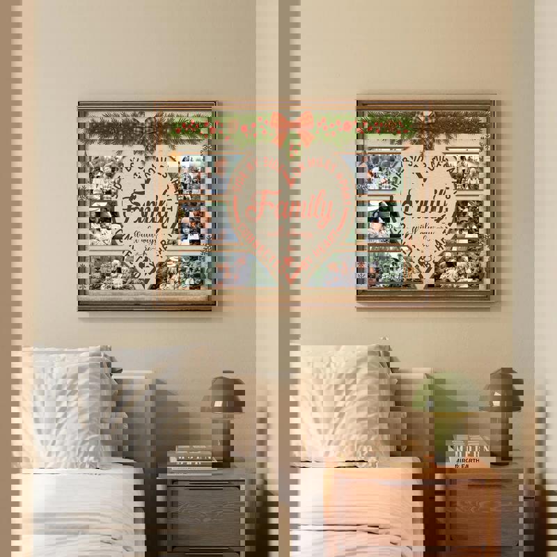 Rustic farmhouse Christmas canvas, vertical portrait with custom family name, year, and long‑distance cities linked by hearts