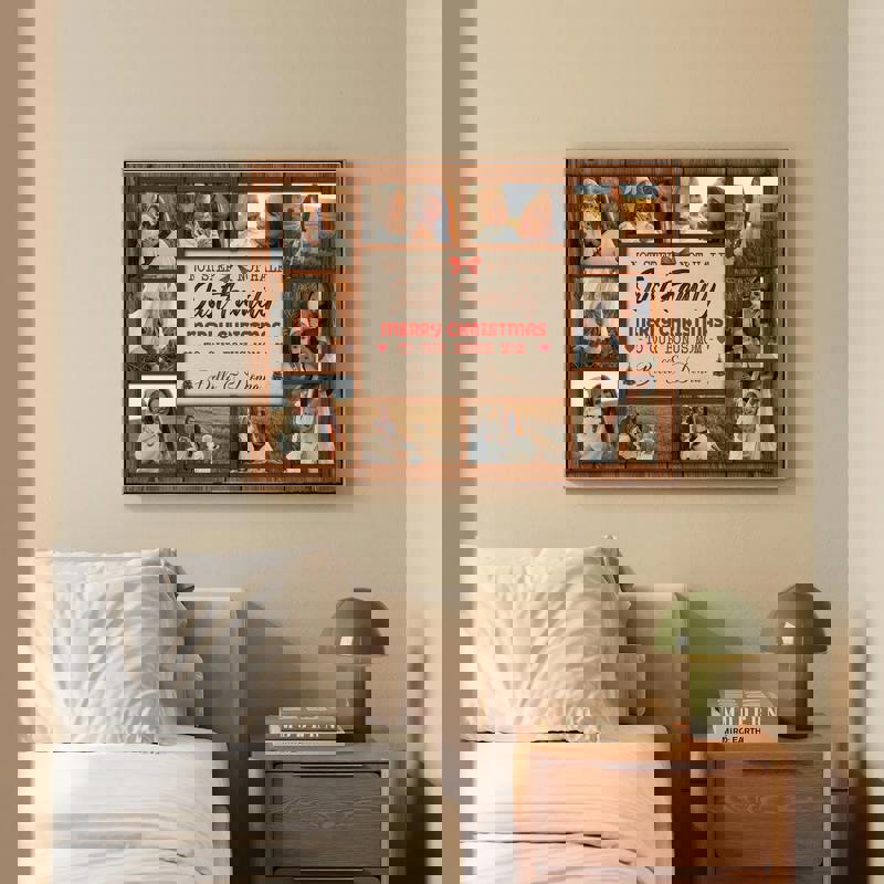 Bonus Mom photo collage canvas with seafoam accents, coastal farmhouse wall art, custom photos and names for Mother's Day