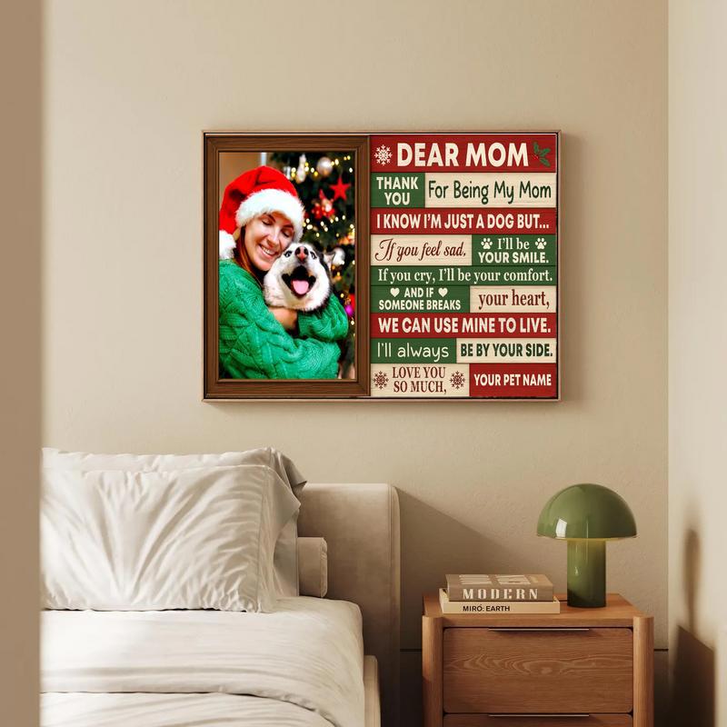 Dog mom Christmas canvas, personalized pet photo wall art with snowy backdrop, Santa hat, custom name and year; holiday gift