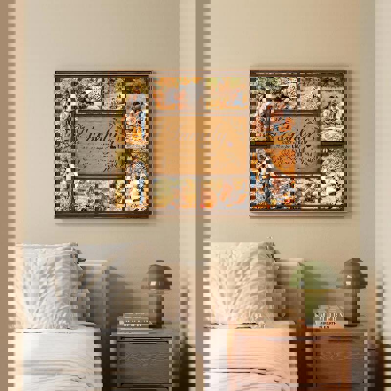 Rustic farmhouse family quote canvas with personalized photo collage, vertical layout on shiplap-style background for fall.