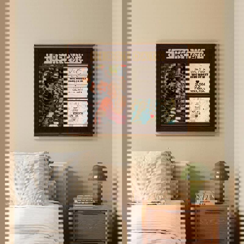 Where We First Met map canvas, warm sepia palette, personalized names and date, rustic farmhouse decor for the living room