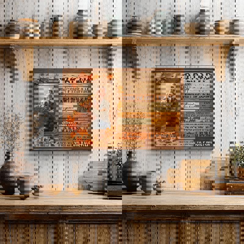 Custom dog portrait canvas in cozy fall farmhouse palette, landscape orientation, Thanksgiving gift idea for a proud dog dad