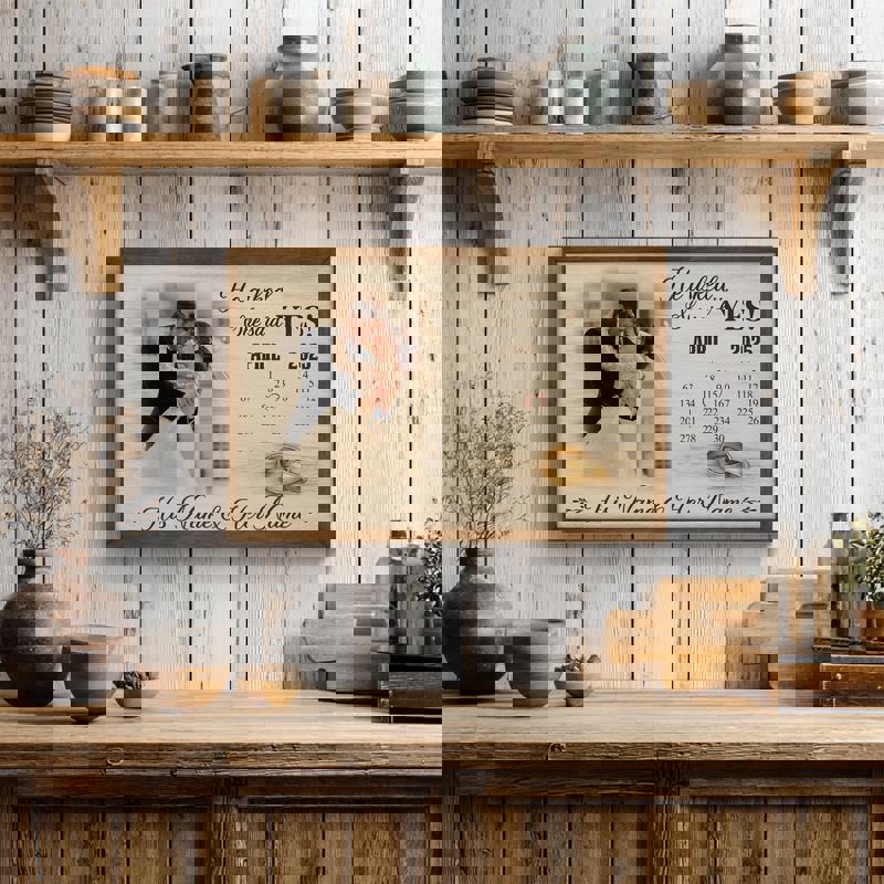 Engagement proposal canvas print, rustic wood-grain calendar design with circled date, personalized names, portrait orientation