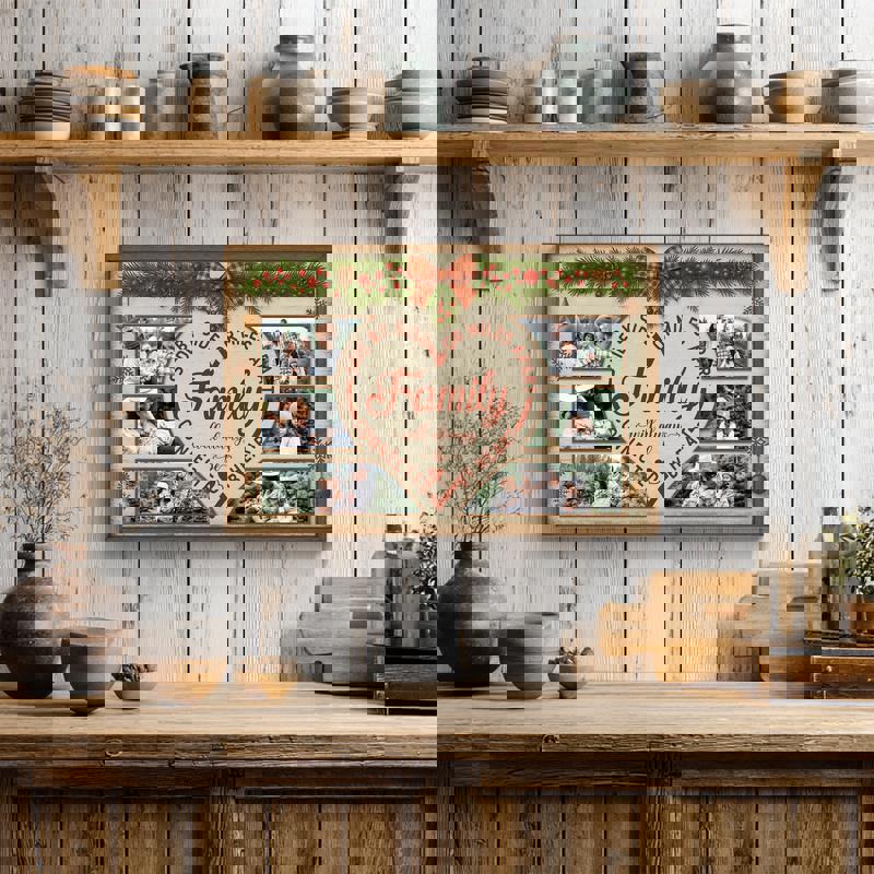 Rustic farmhouse Christmas canvas with custom family name, long‑distance locations linked by hearts on dark walnut wood