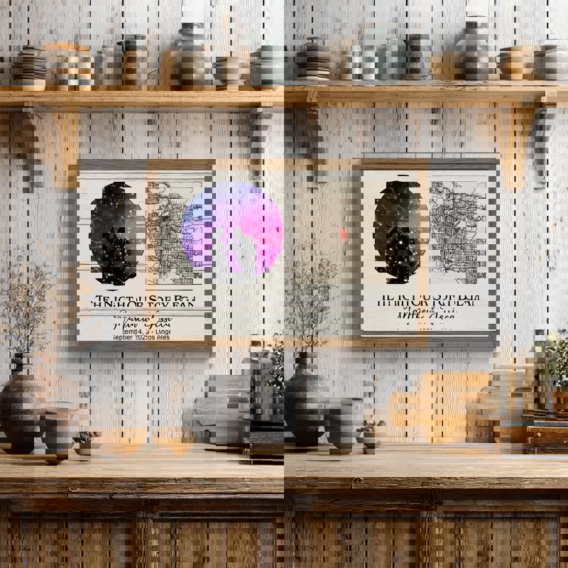 Personalized constellation star map canvas marking the night our story began, custom names, date, location, navy heart map