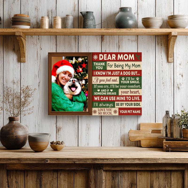 Dog mom Christmas canvas, personalized pet photo wall art with rustic wood background, wreath detail, custom name; landscape