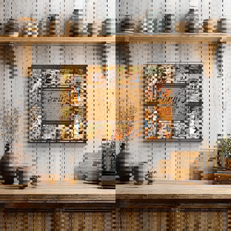 Rustic farmhouse family quote canvas with a custom photo collage, names and date, warm fall palette for entryway.