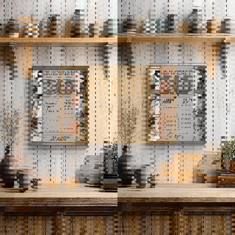 The Day You Became My Daddy canvas, wood-style calendar, custom date with heart and photo collage, gift for new dads