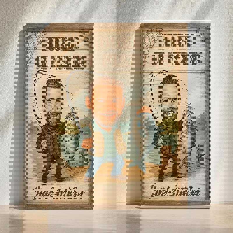 Fisherman caricature portrait for Dad, rustic farmhouse decor with rod and big catch; personalized fishing gift | Familywalldecor