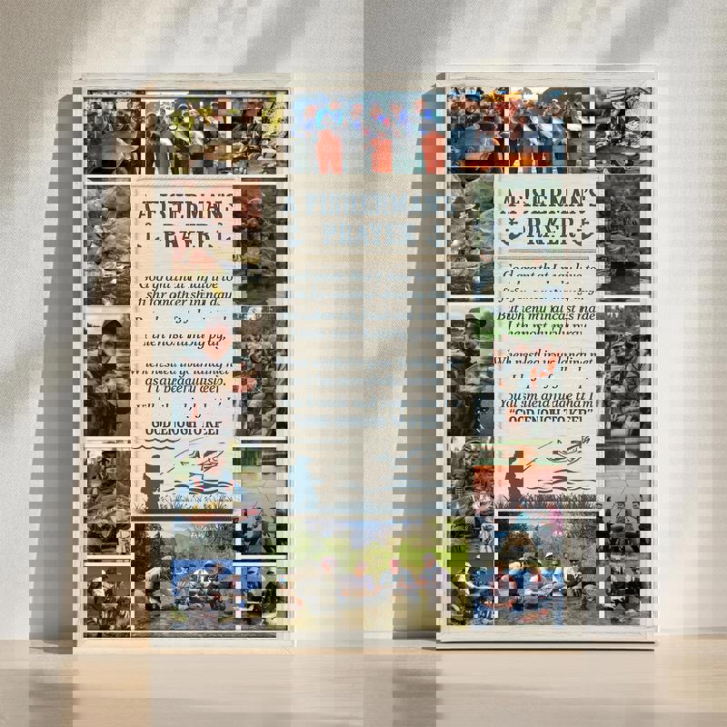 Fisherman’s Prayer photo collage canvas, rustic coastal tones, three photos, centered prayer, personalized names and date | Familywalldecor