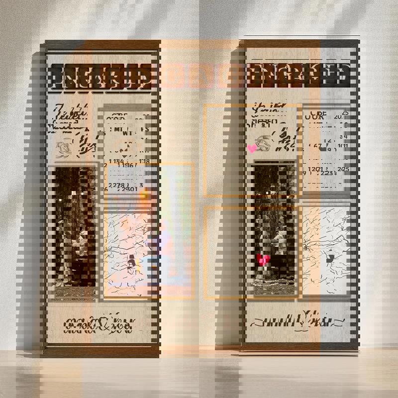 Engagement proposal map and calendar canvas print with rustic farmhouse style, personalized names, map, and date circled