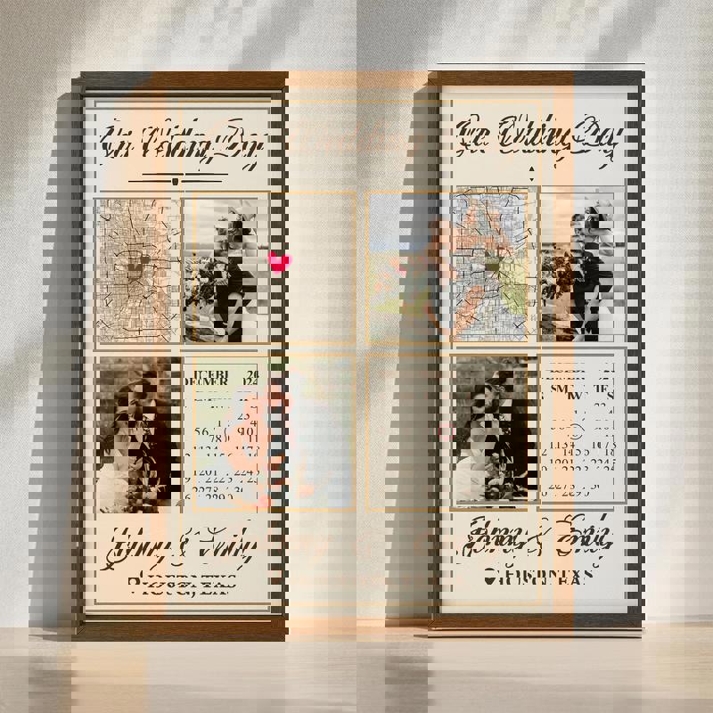 Wedding day calendar canvas print with custom names and date, rustic farmhouse style, perfect newlywed gift for living room | Familywalldecor