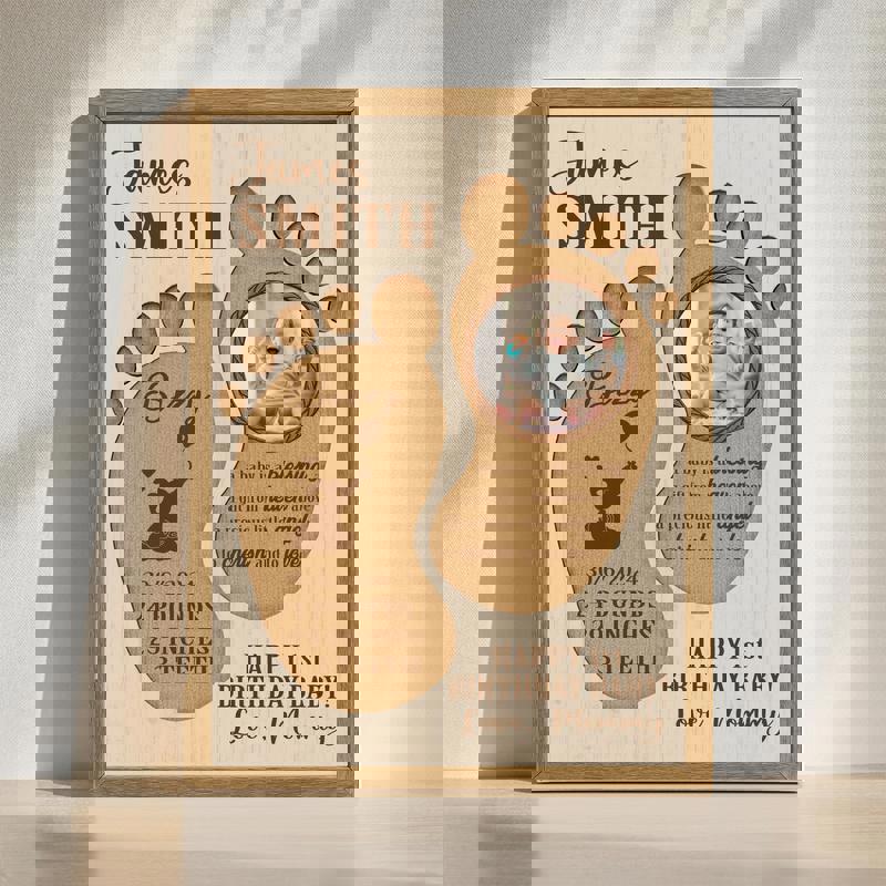 Baby footprints canvas wall art personalized with name, photo, and first birthday stats, milestone layout for nursery decor portrait | Familywalldecor