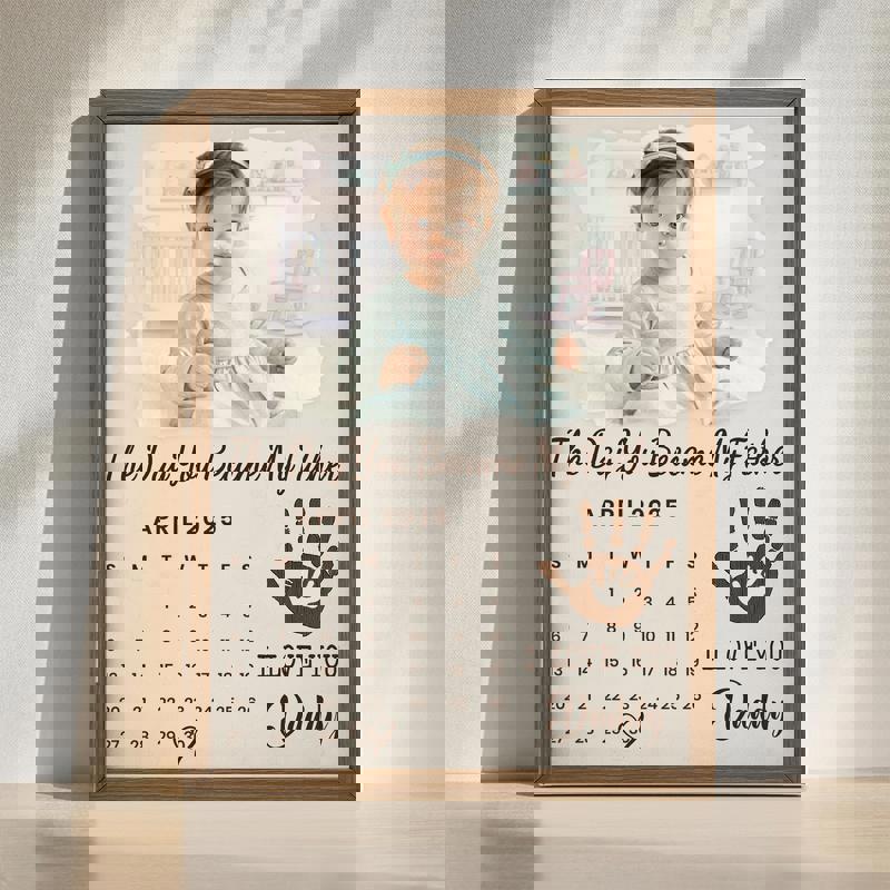 First Father’s Day canvas wall art personalized with baby name and date, “The Day You Became My Daddy” gift for a new dad | Family Wall Decor