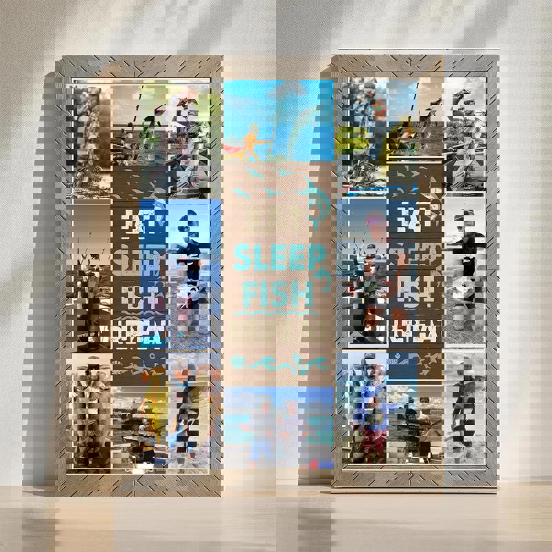 Fishing photo collage canvas wall art, personalized with names and photos, rustic coastal style for a fisherman dad's den | Familywalldecor