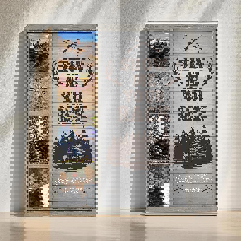 Moose hunting canvas wall art, personalized photo collage with 'Show Me Your Rack' quote, rustic farmhouse gift for hunters | Family Wall Decor