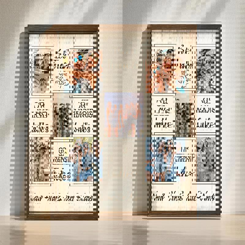 Best friend photo collage canvas wall art in rustic farmhouse style, personalized with names and dates, gift for bestie | Family Wall Decor