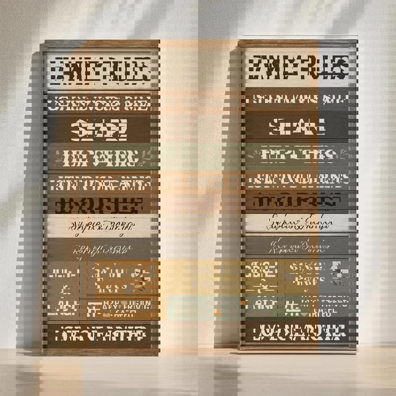 Rustic farmhouse family rules canvas wall art, inspirational home decor with distressed wood, vertical for entryway | Family Wall Decor