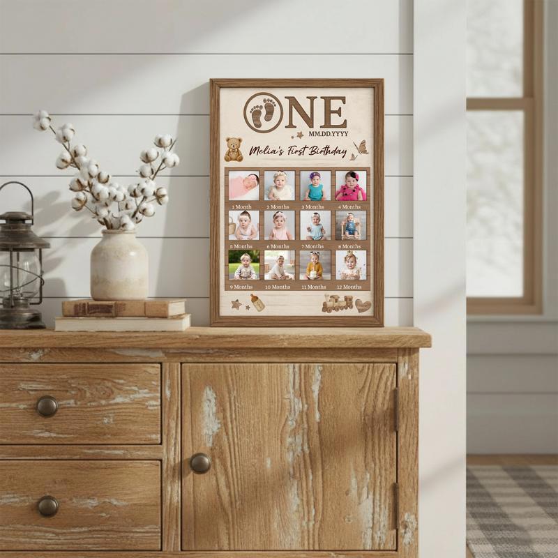 Baby milestone first birthday photo collage canvas, rustic farmhouse wall art customized with your photos, keepsake gift.