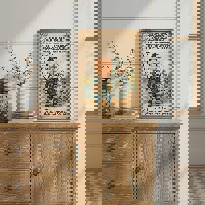 Fisherman caricature custom portrait for husband, lake boat scene at sunset; personalized rustic farmhouse fishing decor Fisherman caricature custom portrait for husband, lake boat scene at sunset; personalized rustic farmhouse fishing decor