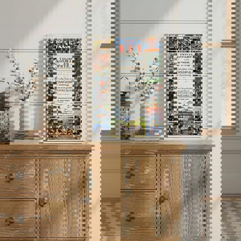 Fisherman’s Prayer photo collage canvas in nautical blue, portrait layout, personalized with four photos for lake house decor