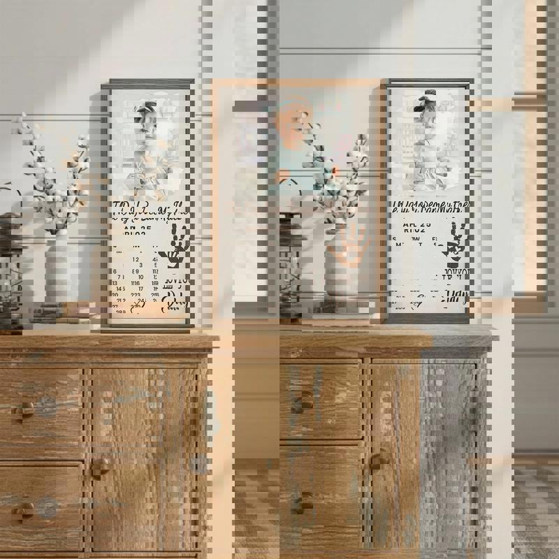 First Father’s Day canvas wall art, portrait layout, custom baby name and date; new dad nursery decor with heartfelt title