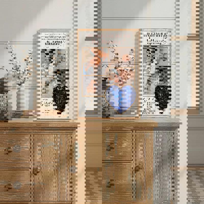 New mom photo collage canvas with custom star map, portrait layout, woodgrain, names and date added, keepsake for nursery