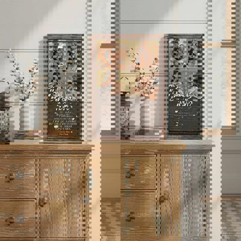 Rustic bonus mom photo collage canvas print with wood-look background, custom photos and names, meaningful birthday gift