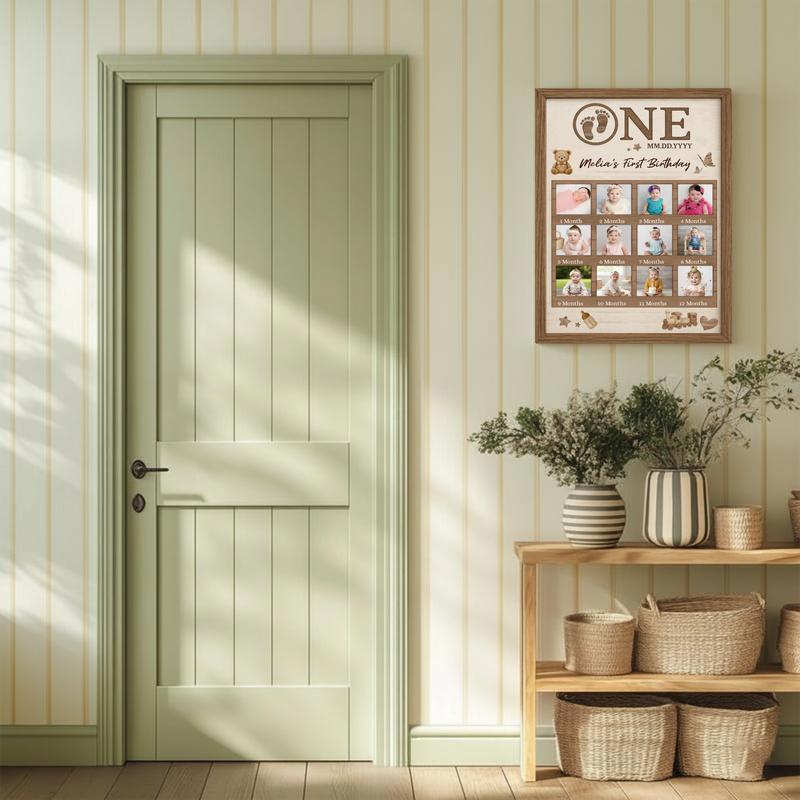 First birthday photo collage canvas, rustic farmhouse style nursery wall art personalized with baby milestone photos.