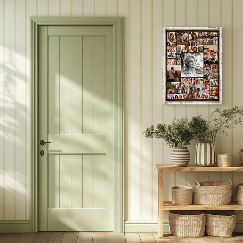 Mom memorial photo collage canvas wall art in portrait layout, custom photos, name and dates, thoughtful sympathy gift