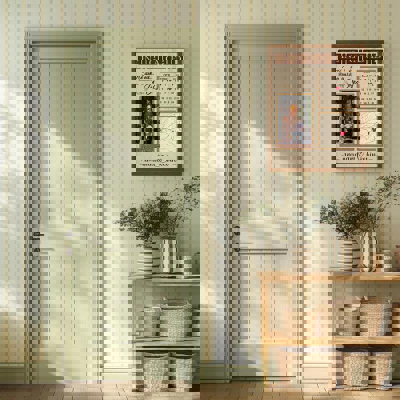 Engagement map and calendar canvas print in rustic farmhouse style, custom names and proposal date, wall art for living room