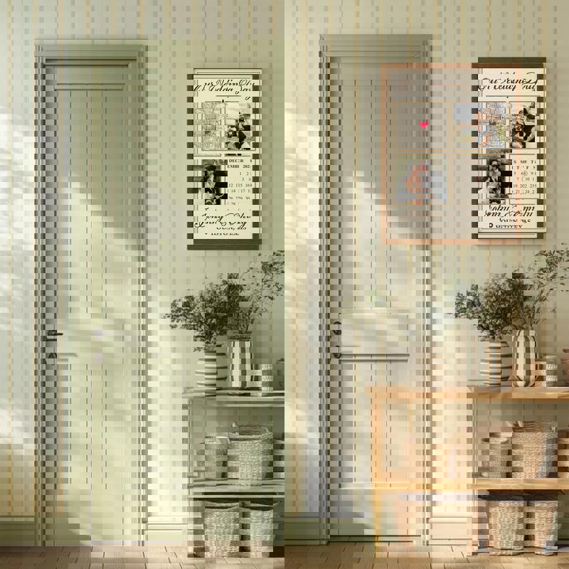 Wedding day calendar canvas print personalized with names and wedding date, rustic tones, horizontal, anniversary gift