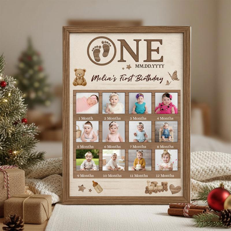 Baby's first birthday photo collage canvas wall art, rustic farmhouse design, custom photo gift for parents or grandparents.