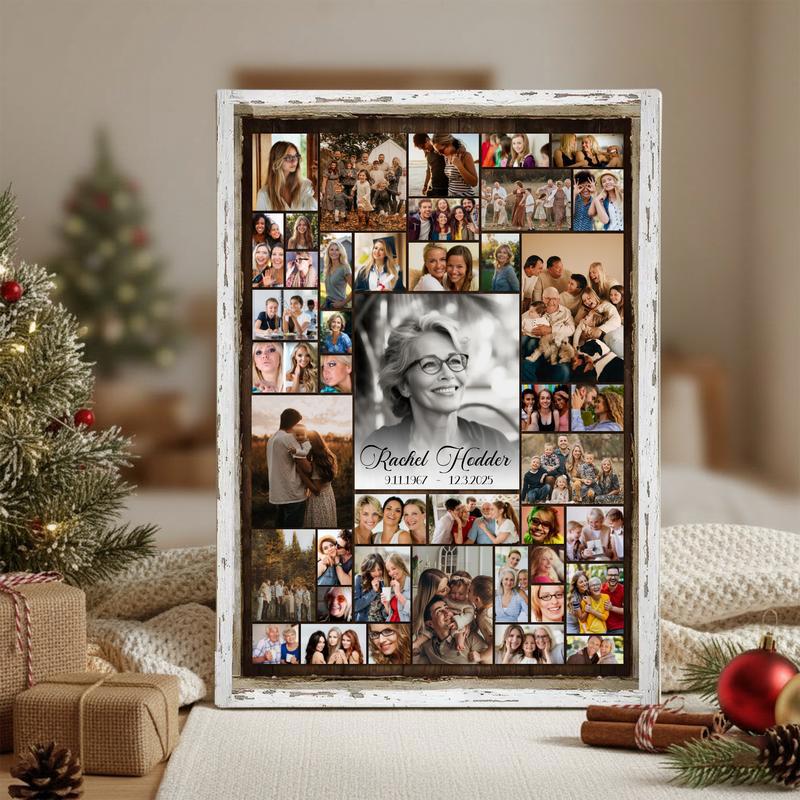 Mom memorial photo collage canvas wall art with script typography, personalized with photos, celebration of life gift