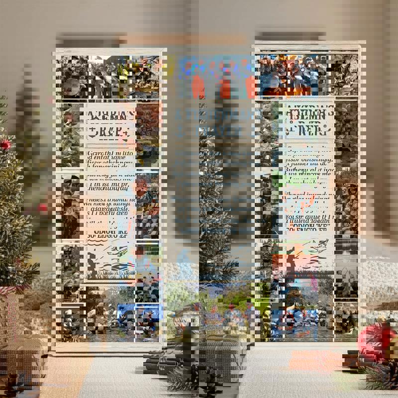 Fisherman’s Prayer photo collage canvas, vintage sepia four-photo grid with compass, personalized for Dad, Father’s Day gift