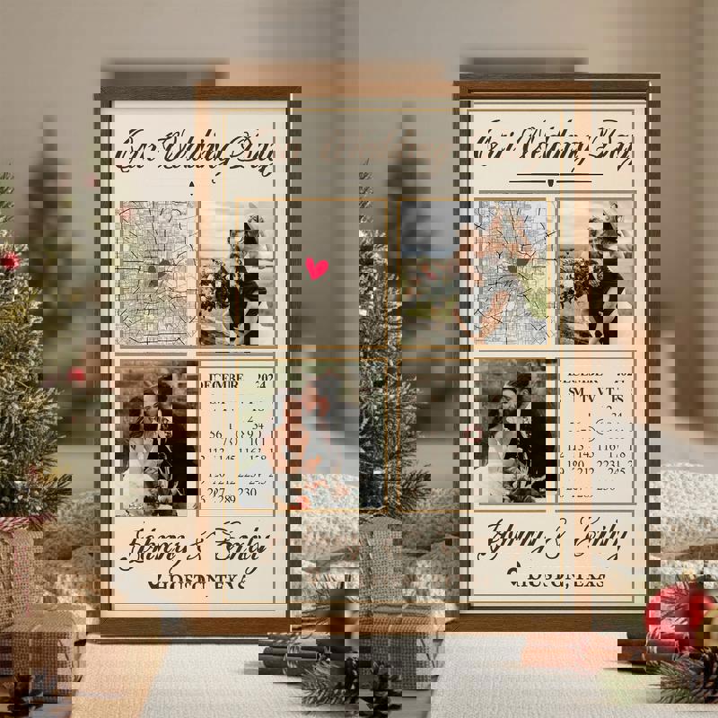 Wedding day calendar wall canvas, custom names and date, farmhouse typography on rustic wood, entryway decor for couples