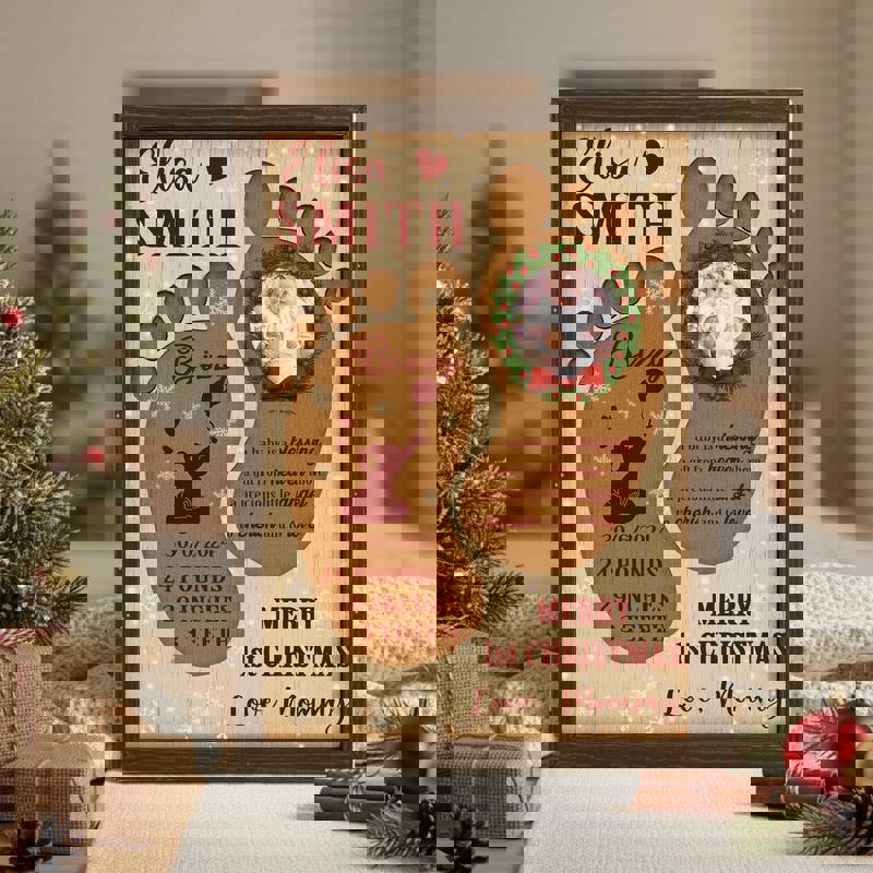 Baby footprints canvas wall art in landscape, black and white, custom name and date, first Christmas gift for grandparents