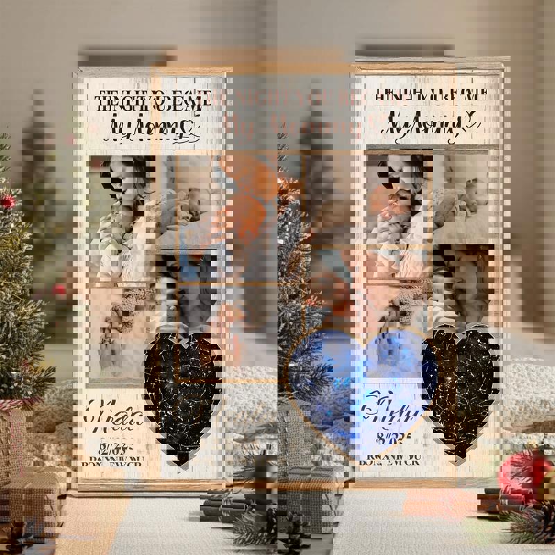 New mom photo collage canvas, navy night sky star map, personalized names and coordinates, lovely gift for first Mother's Day