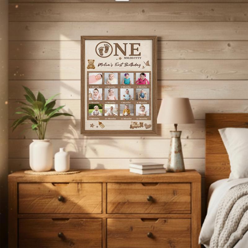 First birthday photo collage canvas in rustic farmhouse style, personalized wall art for nursery decor, first birthday gift.