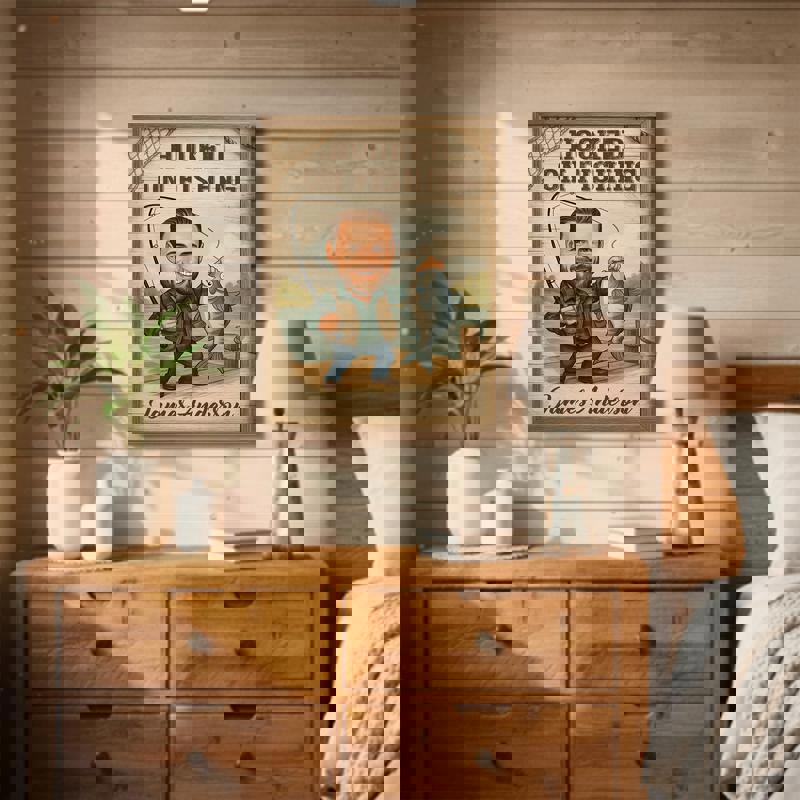 Fishing caricature custom portrait, humorous cartoon style with tackle box; personalized man cave decor gift for Dad Fishing caricature custom portrait, humorous cartoon style with tackle box; personalized man cave decor gift for Dad