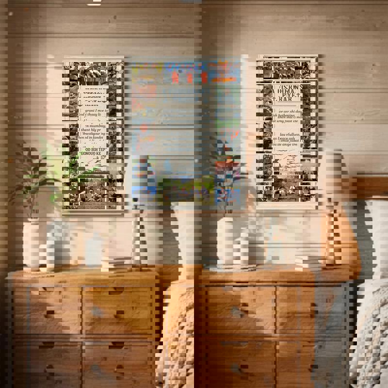 Fisherman’s Prayer photo collage canvas, modern minimal with two photos and centered prayer, custom names for beach decor